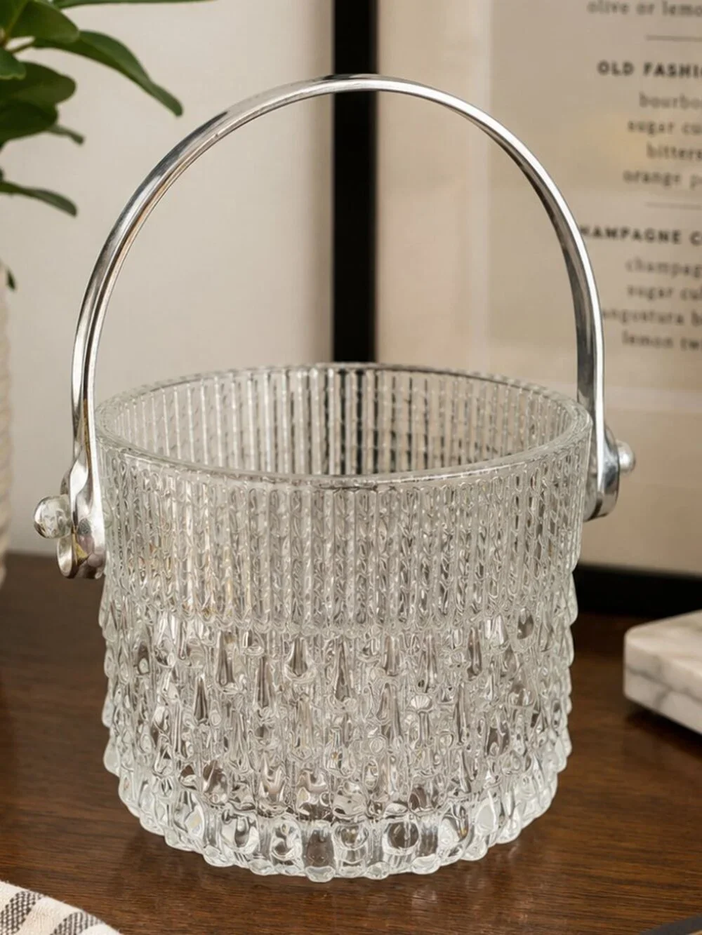 Vtg Teleflora French Glass Ice Bucket Biscuit Jar w/ Chrome Handle Textured MCM